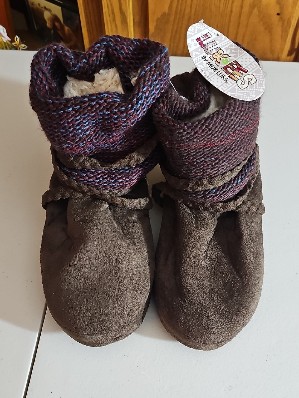 Muk Luks Brown Suede-Look Knit Cuff Booties 5BIN B125